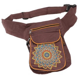 GURU SHOP Fabric Sidebag & Waist Bag Mandala, Goa Belt Bag, Bum Bag from Nepal - Black/Red, Men/Women, Cotton, 25 x 20 x 4 cm, Festival Bum Bag Hippie, brown, Casual