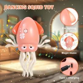 Crudetea Electric Dancing Octopus Toy with LED Lights and Music, Automatic Avoidance, USB Rechargeable Crawling Belly Time Toy, Suitable for Children 3 Years and Older Birthday Gift (Pink)