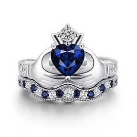 Lzz Women's Fashion Jewelry 925 Sterling Silver Analog Sapphire Heart Shape Ireland Claddagh Wedding Ring Set Cubic Zirconia Gemstone Ring Size 5-10, US code 8, Zirconia,White,Gold,Gemstone,Silver, Cubic Zirconia