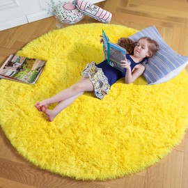 Amdrebio Yellow Round Circle Area Rug 5Ft for Bedroom Living Room, Fluffy Fuzzy Plush Rugs for Kids Room Decor Aesthetic, Cute Furry Shag Kawaii Circular Carpet for Classroom Nursery Teen Girls Boys