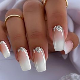 Fake Nails Square Medium Press on Nails Designs French Tip Glossy False Nails with Rhinestone Glue on Acrylic Nail for Women and Girls