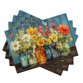 Rustic Daisy Placemats Set of 4 Vintage Flower Vases Wood Grain Linen Table Mats 12x18 Inch Summer Floral Wooden Board Farmhouse Washable Place Mat for Party Kitchen Dining Outdoor Indoor Decor