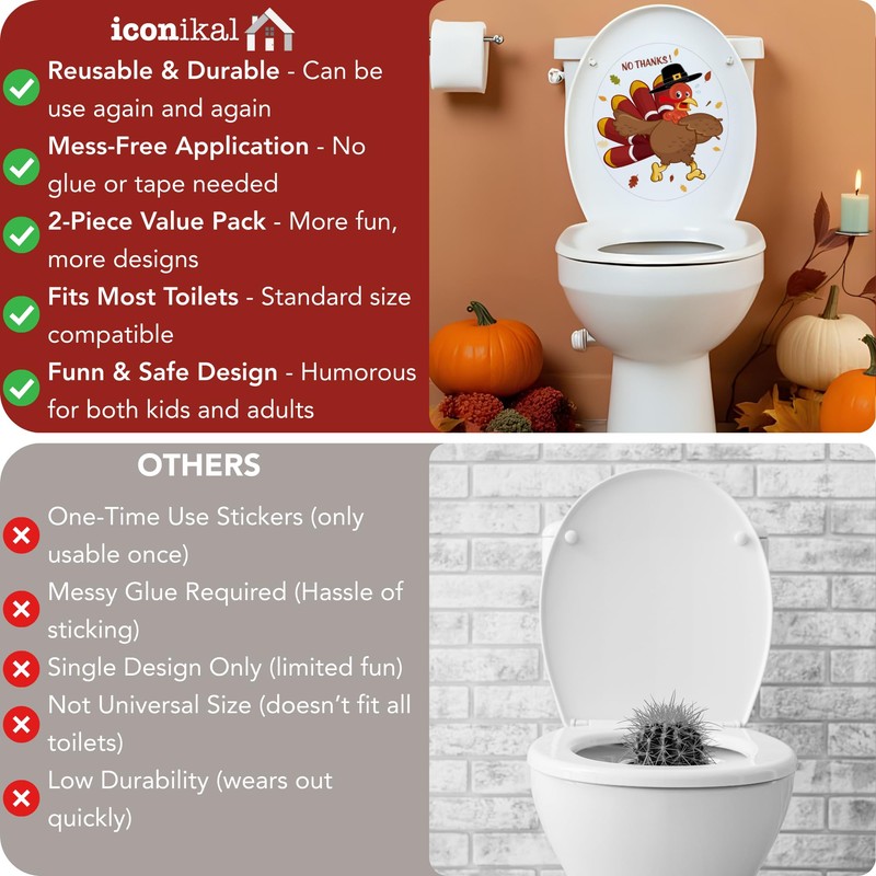 Iconikal 2-Piece Thanksgiving Toilet Seat Cling Set Funny Turkey 11.2x13-Inch