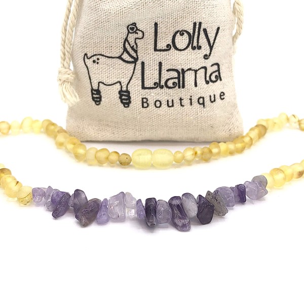 Adult Raw Baroque Baltic Amber Necklace by Lolly Llama - All Natural Pain Relief for Adults to Help Migraines, Sinus, Arthritis and More! with Genuine Amethyst