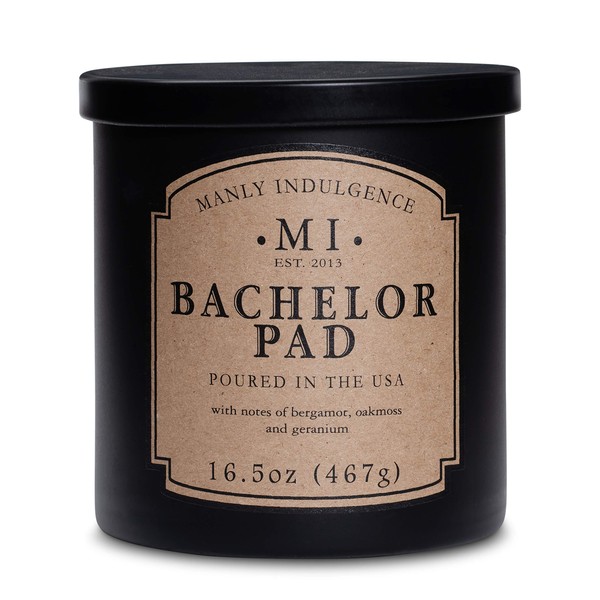 Manly Indulgence Bachelor Pad Scented Jar Candle for Men 16.5 oz - Woodsy Oakmoss, Bergamot, Black Tea, Citrus Hints - Up to 60 Hours Burn, Soy Blend Wax, Poured in the USA