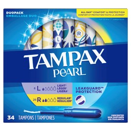 Tampax, Pearl Tampons, Plastic Applicator, DuoPack, Light/Regular Absorbency, 34 Count