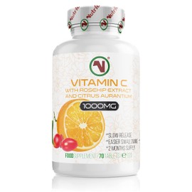 Nutriodol Vitamin C with Rosehip & Bioflavonoids Tablets x 70 | 1000mg Easy to Swallow Tablets | Slow Release | Contributes to The Normal Function of The Immune System.