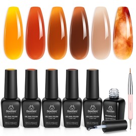 Beetles Jelly Gel Nail Polish Set - 6 Colors Fall Gel Polish for Nails, Translucent Soak Off UV LED Sheer Nail Gel with Blooming Gel for Marble Effects Yellow Red Brown Gray Nude Autumn Nail Art Kit