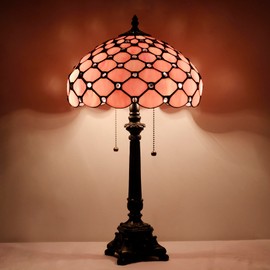 Tiffany Table Lamp Pink Bead Style Stained Glass Desk Lamp 12X12X21 Inches Reading Light