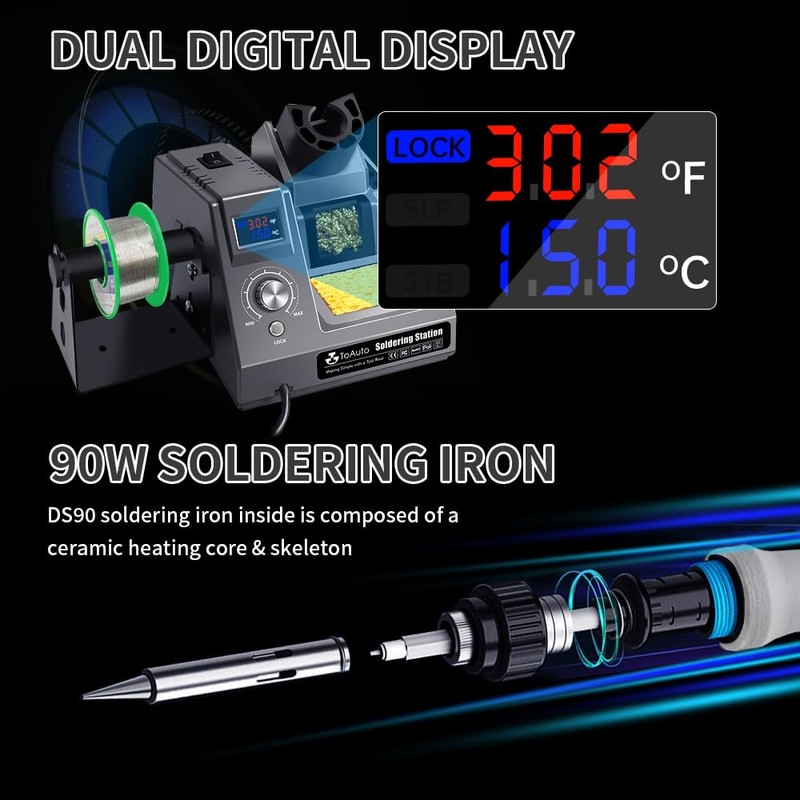 TOAUTO DS90 Soldering Station-°F & °C Dual Digital Display Soldering