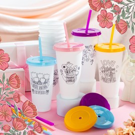 Skylety 12 Pack Mother's Day DIY Plastic Coloring Cup for Kids 24 oz Mother's Day Paint Your Own Cups Bulk Reusable Tumblers Holiday Mom DIY Thankful Gift for School Classroom Home Fun Activities