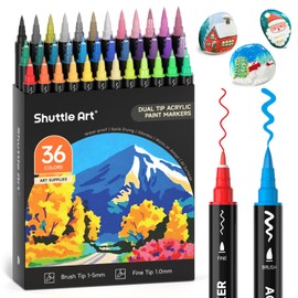 Shuttle Art 36 Colors Dual Tip Acrylic Paint Markers, Brush and Fine Tip for Rock Painting, Ceramic, Wood, Canvas, Plastic, Glass, Stone, Calligraphy, Card Making, DIY Crafts