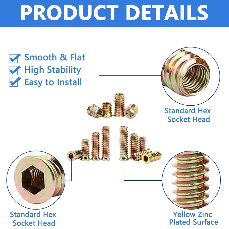 170 PCS Threaded Inserts Nuts, 10 Sizes-1/4"-20, 5/16"-18, 3/8"-16 Wood