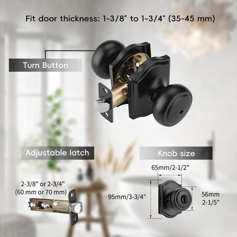 NCSEN Matt Black Door Knobs with Camelot Trim,Interior Door Knob
