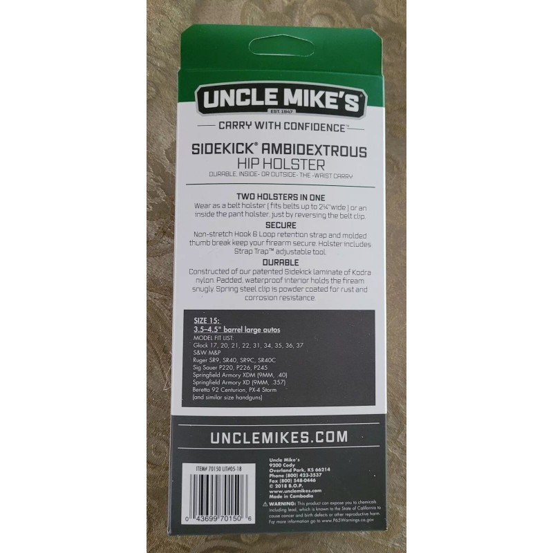 UNCLE MIKE'S SIDEKICK. AMBIDEXTROUS HIP HOLSTER SIZE 15, DURABLE NYLON,