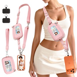 Phone Lanyard Crossbody with Wallet, Save the Hand for Girls Phone Strap Clip and Go Adjustable, 2 Cell Phone Clips & a Wristlet, Zippered Leather Bag for ID Cards, Money for Women Travel, Pink