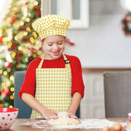 TOPWAYS Grid Kids Apron and Chef Hat Set, Adjustable Check Child Chef Aprons with 2 Pockets, Lattice Print Children's Apron for Kids Toddler Painting Baking Cooking Artist (Yellow, L（7-13Years）)