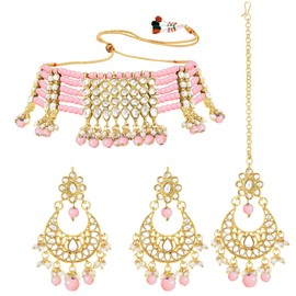 Aheli Gold Plated Pink Multistrand Ethnic Choker Necklace Earring Maangtikka Jewelry Set Gift for Women