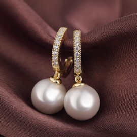 Pearl Earrings for Women Gold Drop Earrings Freshwater Pearl Drop Earrings Gold Plated Pearl Earring Hypoallergenic Pearl Hoop Earrings Gold Plated Dangle Earrings CZ Pearl Earrings 10MM