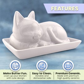 Kwirkworks Adorable Cat Ceramic Butter Dish - Unique and Versatile Kitchen Accessory - Durable and Creative Way to Store and Serve Butter