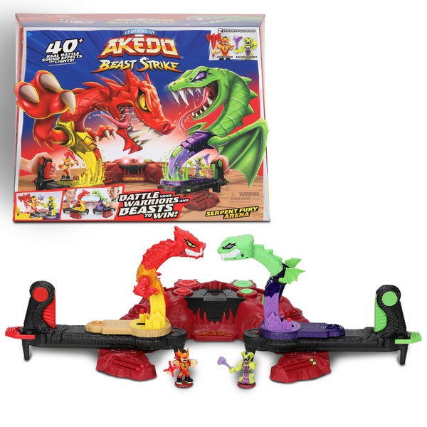 Legends of Akedo Beast Strike Serpent Fury Arena. Battle Your Warriors and Battle Your Beasts to Win! with 40+ Real Sound Effects and Lights and 2 Exclusive Warriors.
