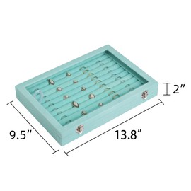 Frebeauty Rings/Earrings Organizer Tray with Clear Lid 10 Slots Velvet Drawer Insert Jewelry Storage box Transparent Glass lid Jewelry Display Case Showcase Gift for Girls Women (Turquoise, 10 Slots)