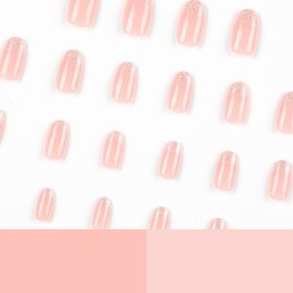 Press on Nails Short Round Almond French Tip Fake Nails with Nude Pink Glitter Design Full Cover Glossy Acrylic Glue on Nails False Nails Thick Stick on Nails for Women 24Pcs JP2324