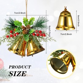 Tioncy Christmas Bell Hanging Ornaments 8.7" Large Rustic Christmas Metal Bell Decoration Xmas Hanging Decorative Bell with Christmas Red Berry for Christmas Wreath Tree Door Decor(Gold,2 Pcs)