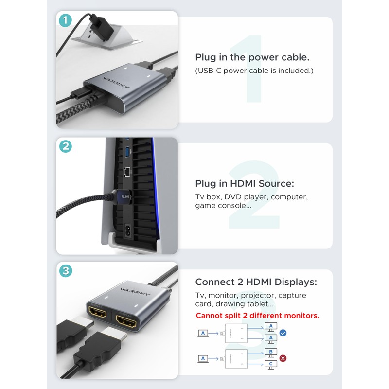 Warrky HDMI Splitter 4K, Display Mirror Same Screen Only (Not