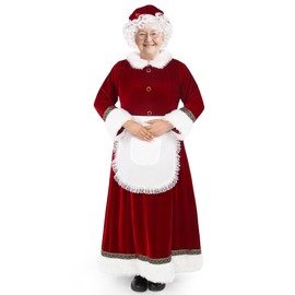 Ahititi Mrs Claus Costume Adult Women Christmas Santa Dress Long Sleeve 5Pcs Deluxe Xmas Suit Cosplay Party Outfit Plus Size