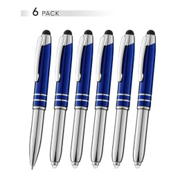 SyPen Stylus Pen for Touchscreen Devices, Tablets, iPads, iPhones, Multi-Function Capacitive Pen with LED Flashlight, Ballpoint Ink Pen, 3-in-1 Metal Pen, 6PK, Black Ink, Blue Barrel