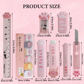 Stationery Set 9 Pieces Cute Cat Paw Stationery Set Pink Cartoon Pencil Sharpener, Retractable Eraser, Correction with Ruler, Mini Scissors, Sticky Notes for Girls Students Writing