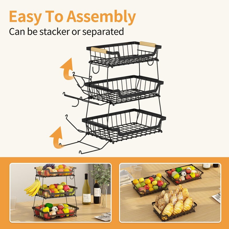 GILLAS 3 Tier Countertop Fruit Basket with 2 Banana Hangers