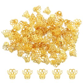 PATIKIL 100 Pcs 8x7mm Hollow Metal Earring Bracelet Necklace DIY Gold Tone Washer Flower Bead Cap