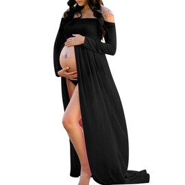 JustVH Maternity Off Shoulder Long Sleeves Chiffon Gown Front Split Maxi Photo Shoot Photography Dress for Baby Shower