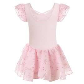 Phineein Girls Ballet Leotard with Skirt - Shiny Sparkle Tutu Dress, Ruffle Sleeve Dancewear for Kids/Toddler, Princess Pink, 8-10Y