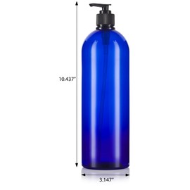 Cobalt Blue 32 oz Large Boston Round PET Plastic Bottles (BPA Free) with Black Lotion Pump (4 pack)