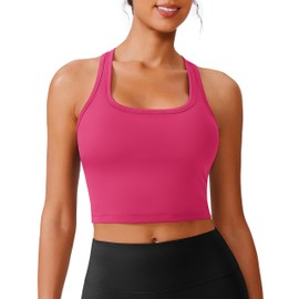 PINSPARK Sports Bras for Women Padded Crop Top Workout Tank Tops Woman Racerback Stretch Longline Yoga Workout Tops Built in Bra Large,Hot Pink