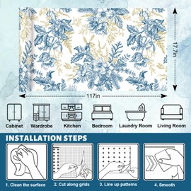 FYSUIMU Blue Botanical Floral Shelf Liner Contact Paper Chinoiserie Flower Self Adhesive Shelf Liner Decorative Peel and Stick Wallpaper for Wall Drawer Furniture Cabinet Table Decal, 17.7 x 117 Inch