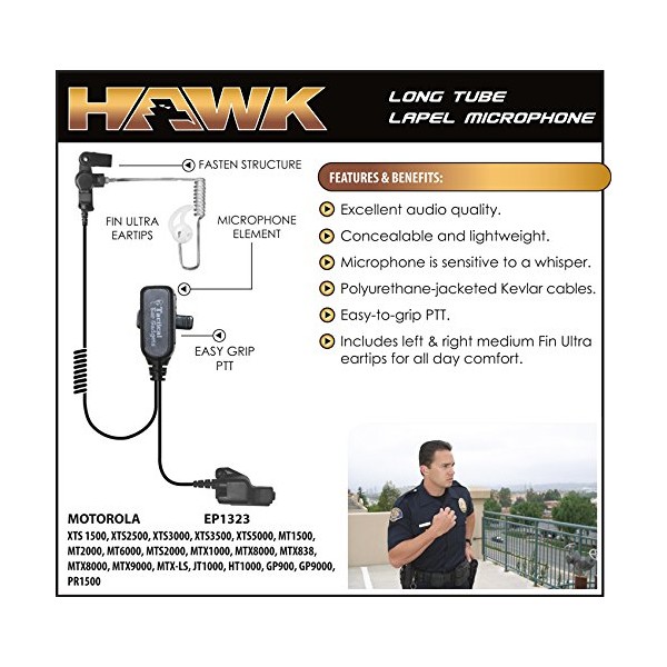 Hawk Lapel Mic EP1323 Police Earpiece Motorola HT1000, JT1000, MT2000,