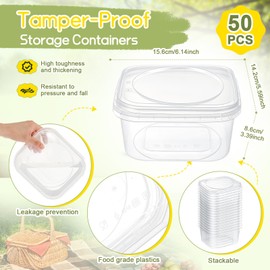 Yiyiring 50 Pack 40 oz Tamper Proof Containers with Lid Square Deli Plastic Sandwich Tiramisu Airtight Meal Container with Lids for Kitchen Storage