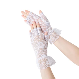 Tidyworm Women's Lace Gloves, Fingerless, UV Protection, Summer, Stylish, Floral Pattern, Thin, Short, Gloves, Sunscreen, UV Protection, Bicycle, Driving, Wedding, Brides, B White