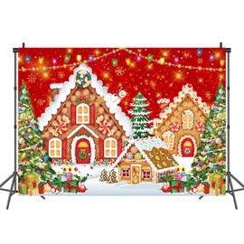 Christmas Gingerbread House Backdrop 7x5FT Red Merry Christmas Candyland Background Winter Christmas Holiday Party Wall Decorations Supplies Photo Props