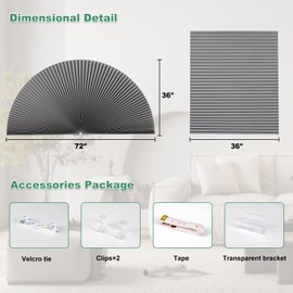 Tonature Arch Window Shades Half Circle Blackout Cellular Shades Cordless No Drill for Windows Half Moon Honeycomb Fabric No Tools Honeycomb Shades Easy Install (Grey-Blackout 36" X 72")