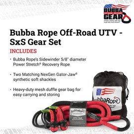 Bubba Rope Heavy-Duty Off-Road ATV, UTV & SxS Tow Recovery Gear Set – Power Stretch Recovery Rope, 5/8” x 20’ & NexGen PRO Gator-Jaw Synthetic Shackles, 5/16” x 5 .5” Green