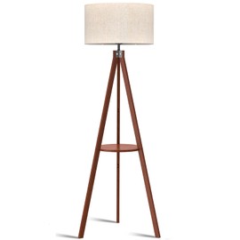 LEPOWER Tripod Floor Lamp, Mid Century Wood Standing Lamp, Modern Design Shelf Floor Lamp for Living Room, Bedroom, Office, Flaxen Linen Shade with E26 Base Brown