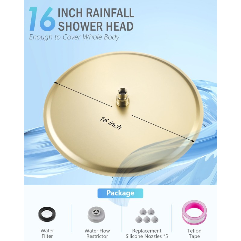 KINLIV 16 inch Brushed Gold Large Ceiling Rainfall Shower Head,