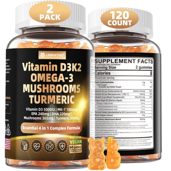 Lerinettia Vitamin D3 5000iu(125mcg) + Vitamin K2(MK7) Gummies with Algae