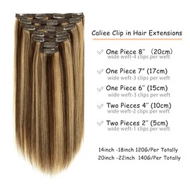 Caliee Remy Hair Extensions Clip in Human Hair Silky Straight for Full Head Clip in Extensions Human Hair Natural Thick Ends Highlighted Color P4/12 Brown Clip in Hair Extensions 22Inch 140G