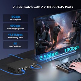 6-Port 10Gb Web Managed Ethernet Network Switch | 2 x 10Gb RJ-45 Ports | 4 x 2.5Gb Base-T Ports | Multi Gigabit Switch 10-100-1000Mbps | 60G Bandwidth | Fanless Metal Internet Switch